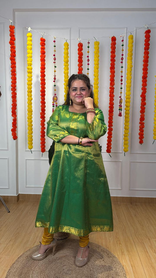 Green and Gold Silk-Blend Anarkali Kurta Set