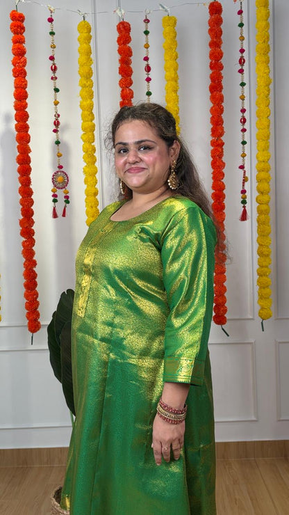 Green and Gold Silk-Blend Anarkali Kurta Set